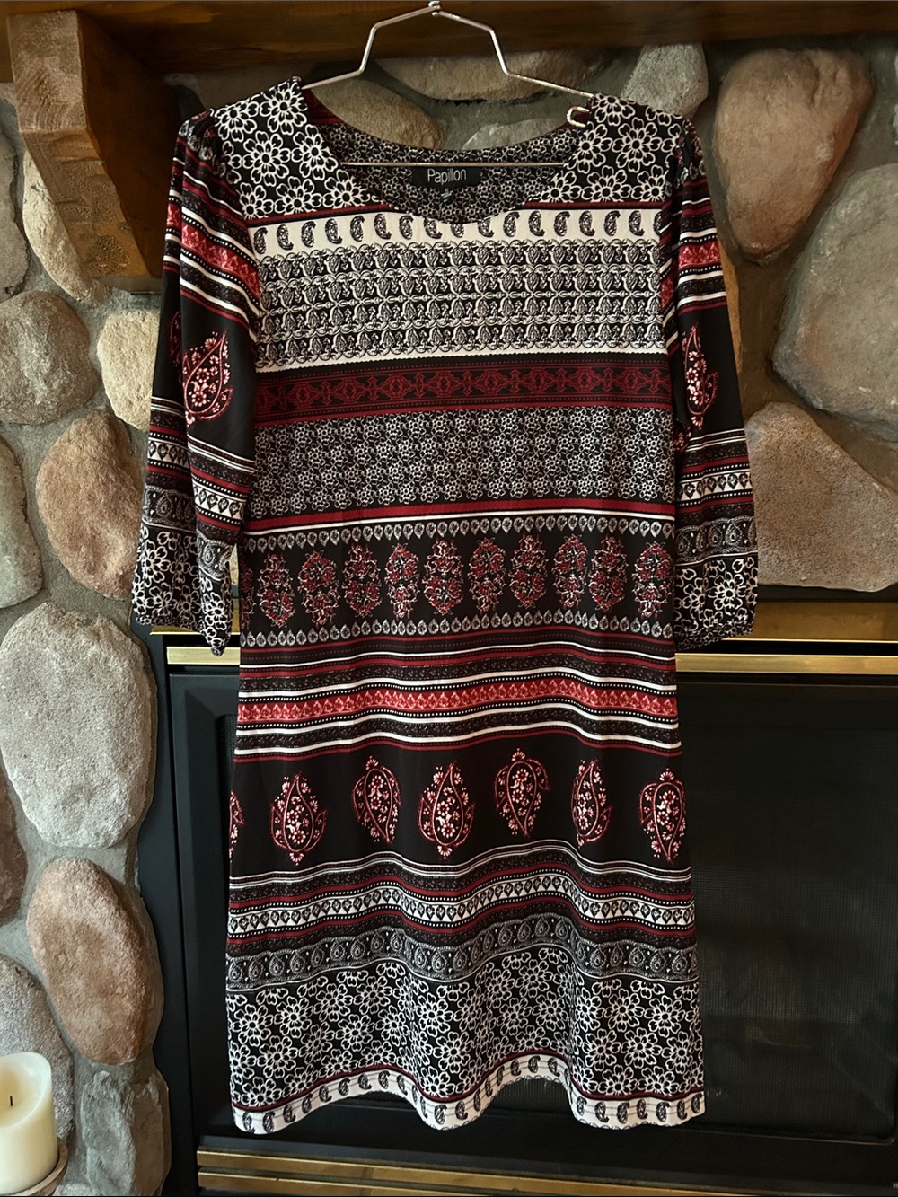 Papillon Blanc Black, Red & White Printed Long-Sleeve Shift Dress, Size S | NWT